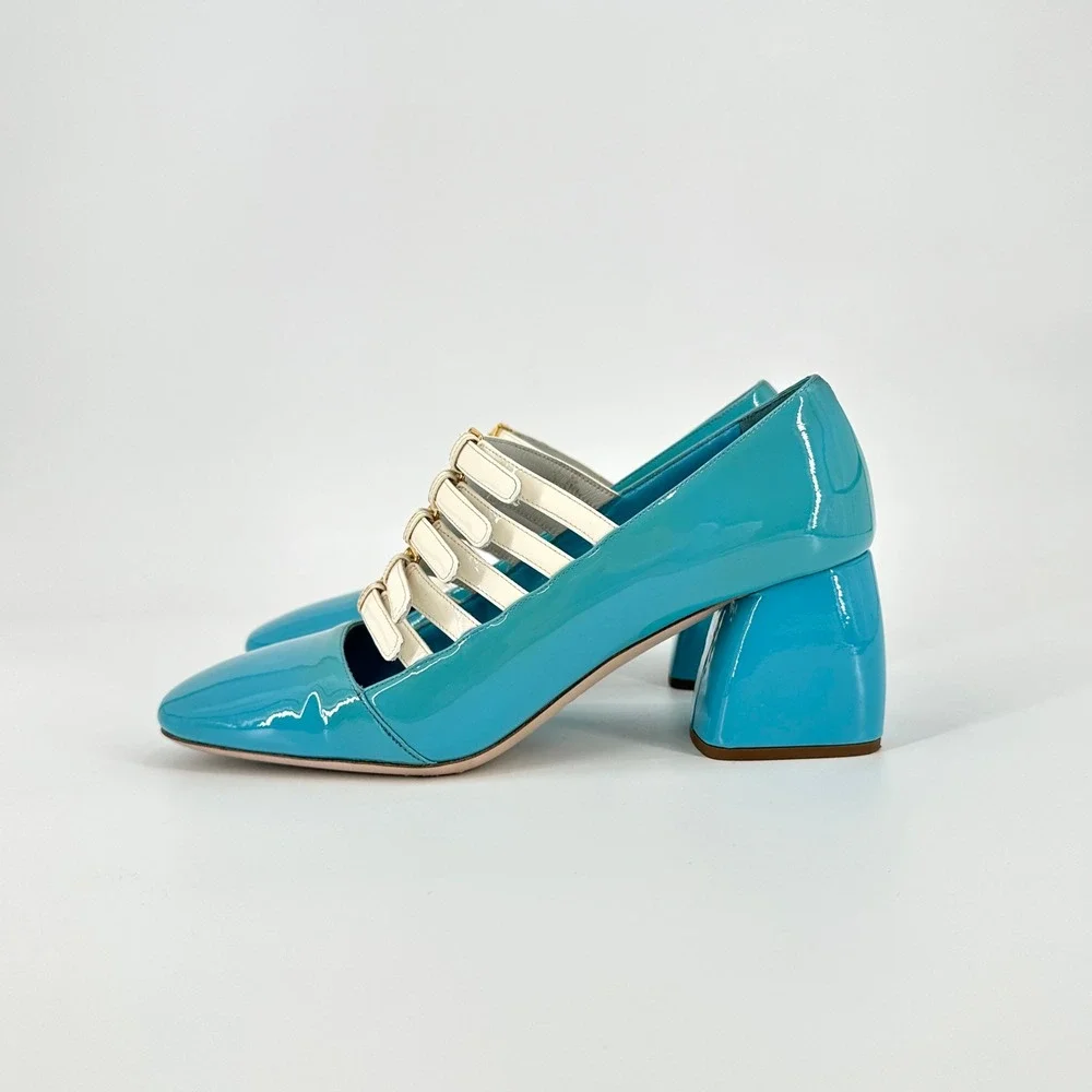 Miu Miu FW2015 Blue Patent Leather Multi-Strap Block Heel Pumps Size 37.5